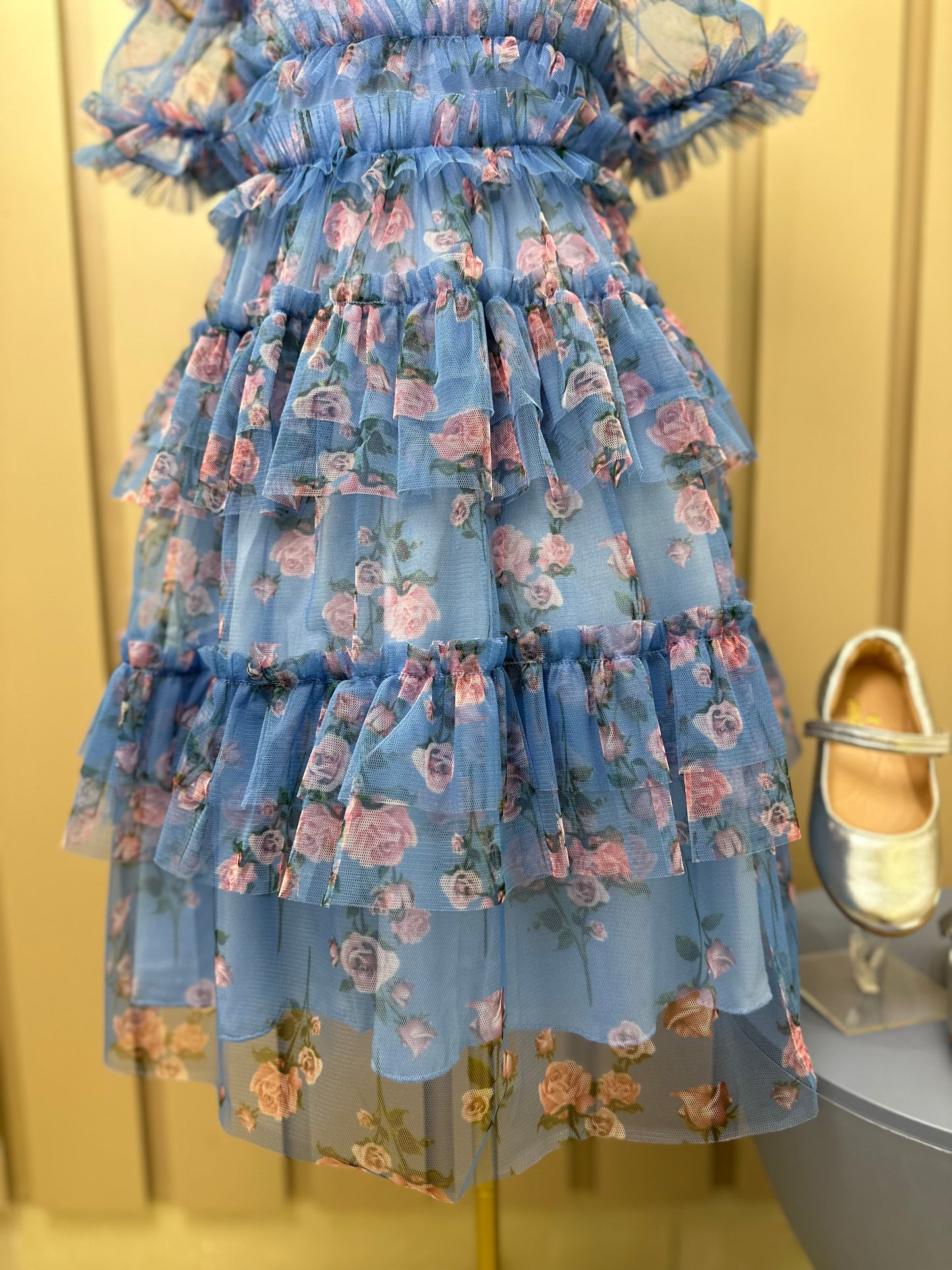 Vestido Infantil Midi Tule Floral Azul Babados - Luluzinha