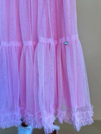 Vestido Infantil Trapézio Tule Glitter Bordado Rosa Baby - Petit Cherie