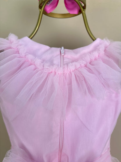 Vestido Infantil Gola Bordada Em Tule Rosa - Petit Cherie