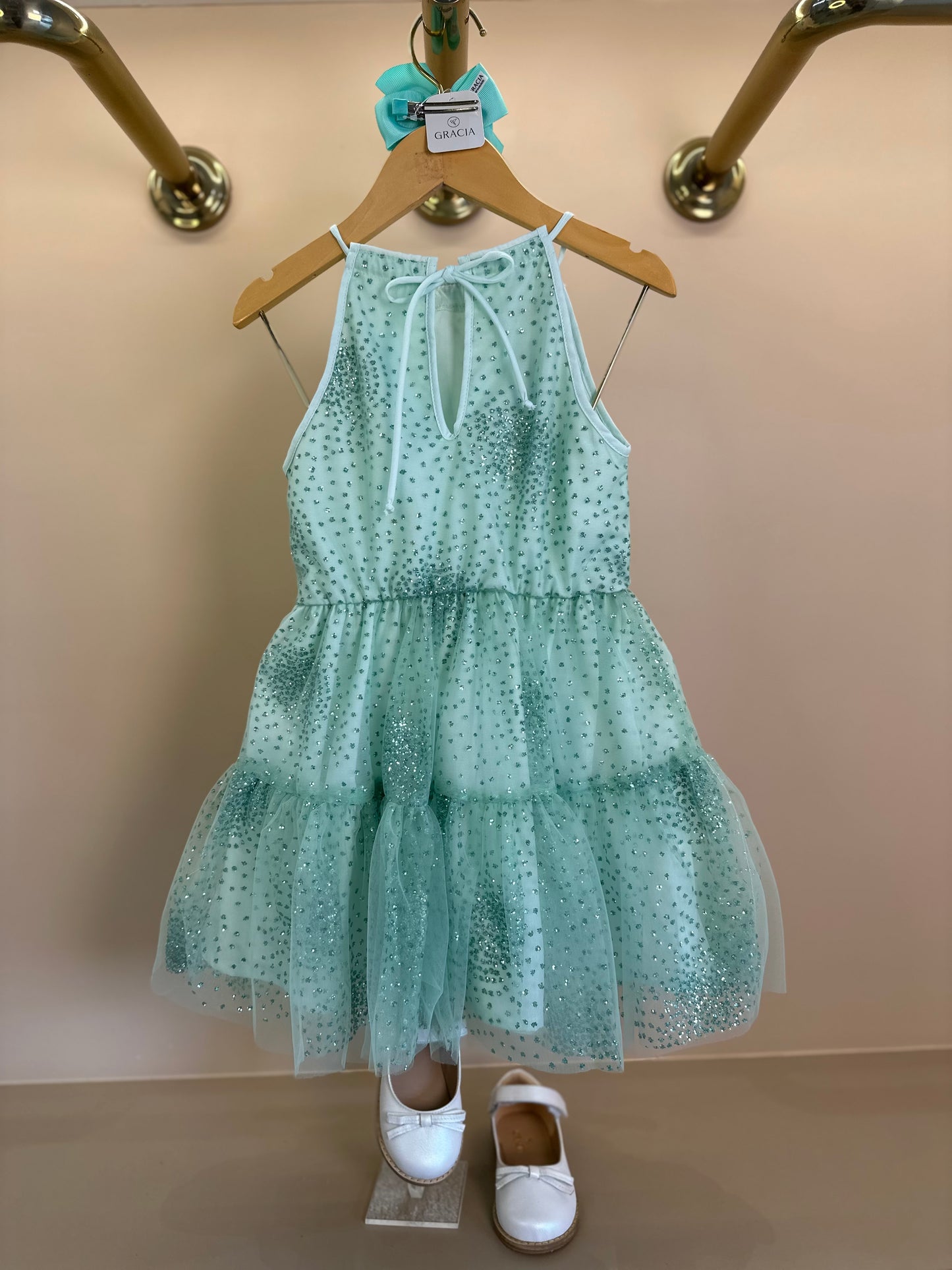 Vestido Infantil Rodado Tule Florzinhas e Glitter - Um Mais Um