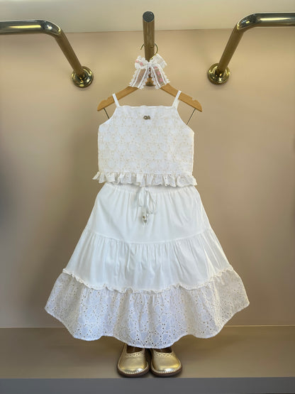 Conjunto Infantil Blusa Cropped Bordado de Coração e Saia Midi - Gabriela Aquarela