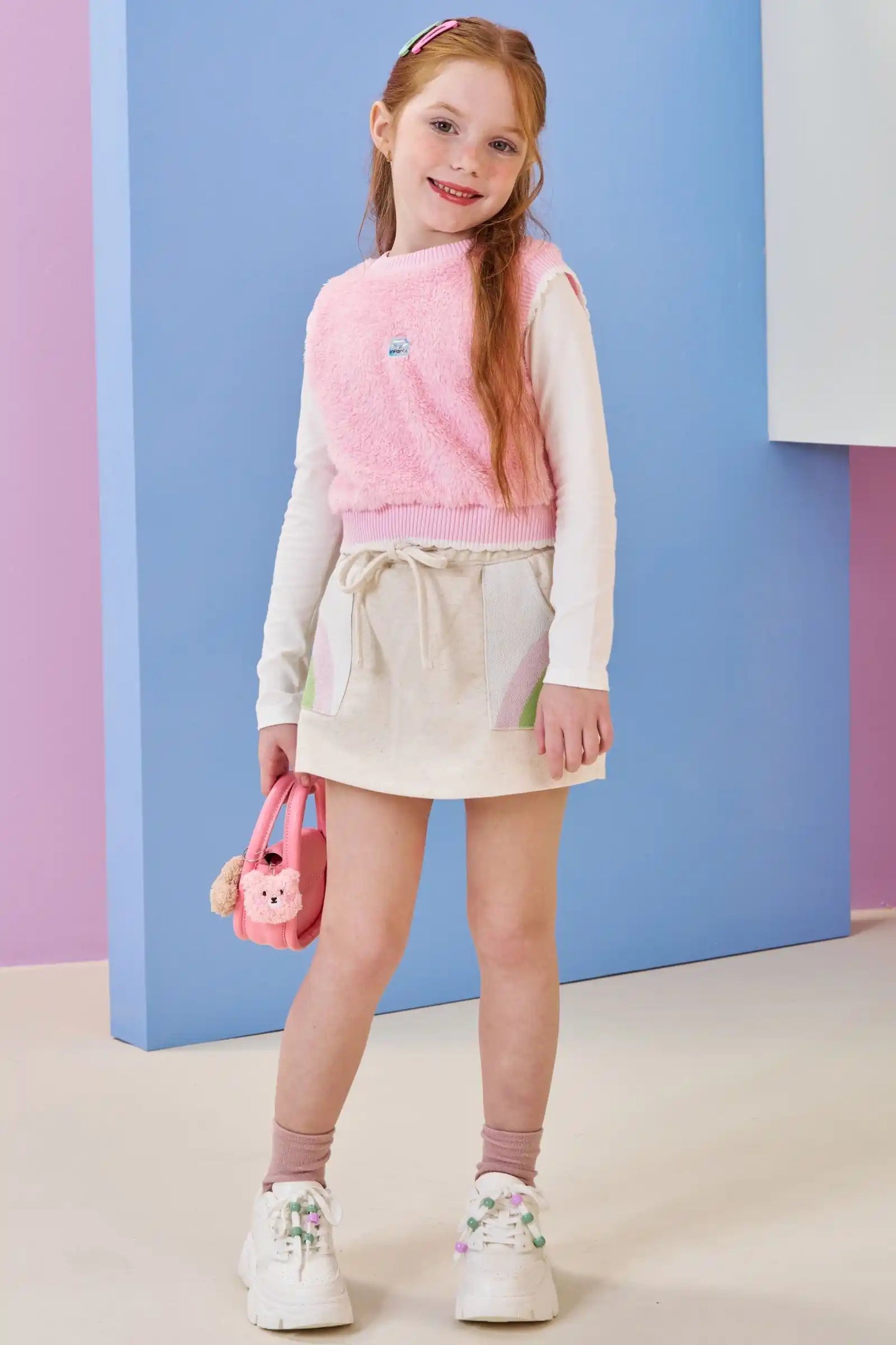 Conjunto Trio Blusa ML Off White, Colete Rosa e Saia Bege - Infanti