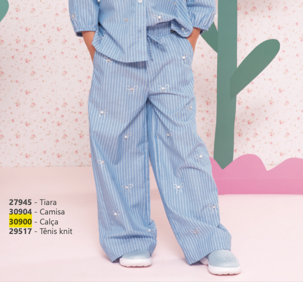 Calça Infantil  Algodão Azul Listrada com Lacinhos Cristais - Pituchinhus