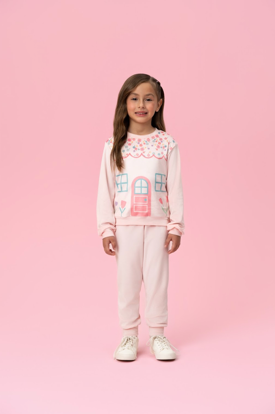 Conjunto Infantil Casaco e Calça Plush Casinha Floral - Mon Sucré