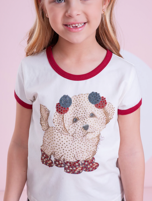 Conjunto Infantil Blusa Cachorrinho Cristais e Saia-shorts Xadrez Pregas - Pituchinhus