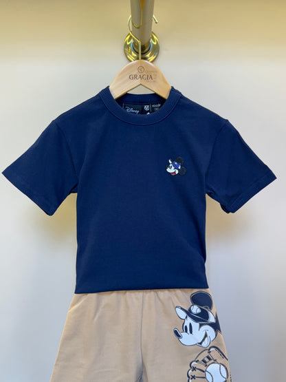 Conjunto Infantil Camiseta Marinho Mickey e Bermuda Bege - Youccie
