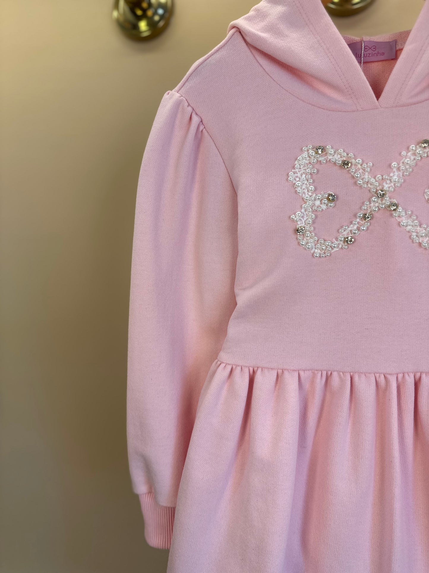 Vestido Infantil ML Moletom Rodado Capuz e Bordado Rosa - Luluzinha