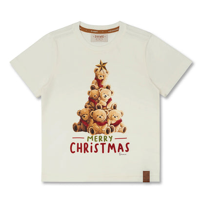 Conjunto Infantil Camiseta Algodão Teddy Natal MC e Bermuda Moletom Bolso Embutido Chocolate - Dame