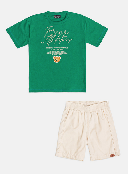Conjunto Infantil Camisa Verde Bear Athletics Bermuda Off White - Youccie