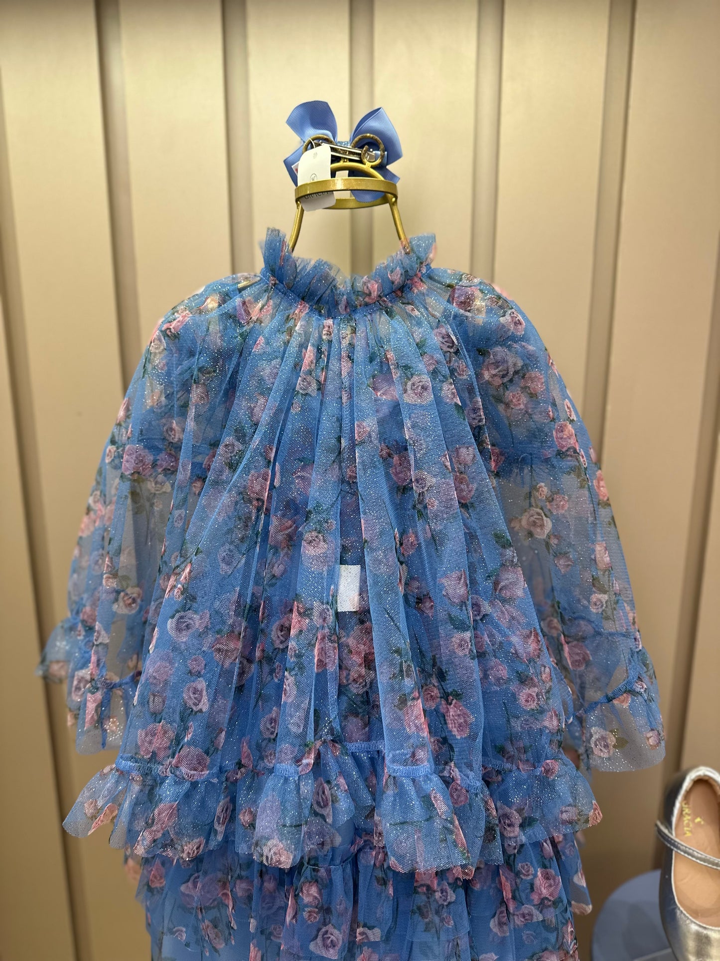 Vestido Infantil Midi Tule Floral Azul Babados - Luluzinha