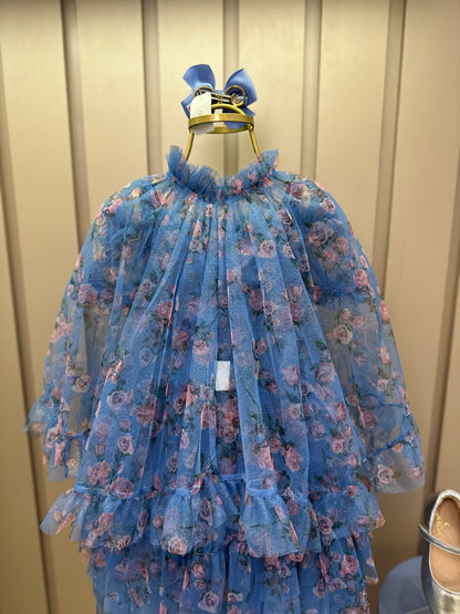 Vestido Infantil Midi Tule Floral Azul Babados - Luluzinha