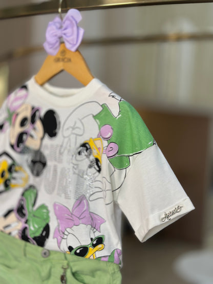 Conjunto Infantil Blusa Mickey & Minnie Shorts Sarja Pistache Disney - Animê
