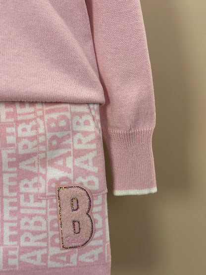 Conjunto Infantil Tricot Blusa Barbie Strass e Saia Jacquard Barbie Patches Sugar Rose - Pituchinhus