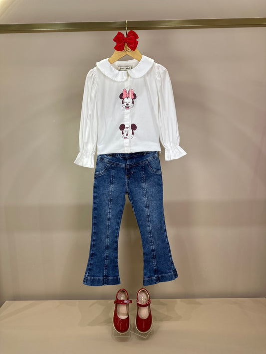 Conjunto infantil Camisa Minnie Off White e Calça Flare Jeans - Animê Petite