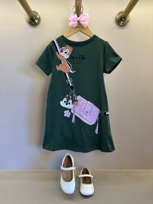 Vestido Infantil Trapézio MC Tico e Teco Verde Musgo - Momi