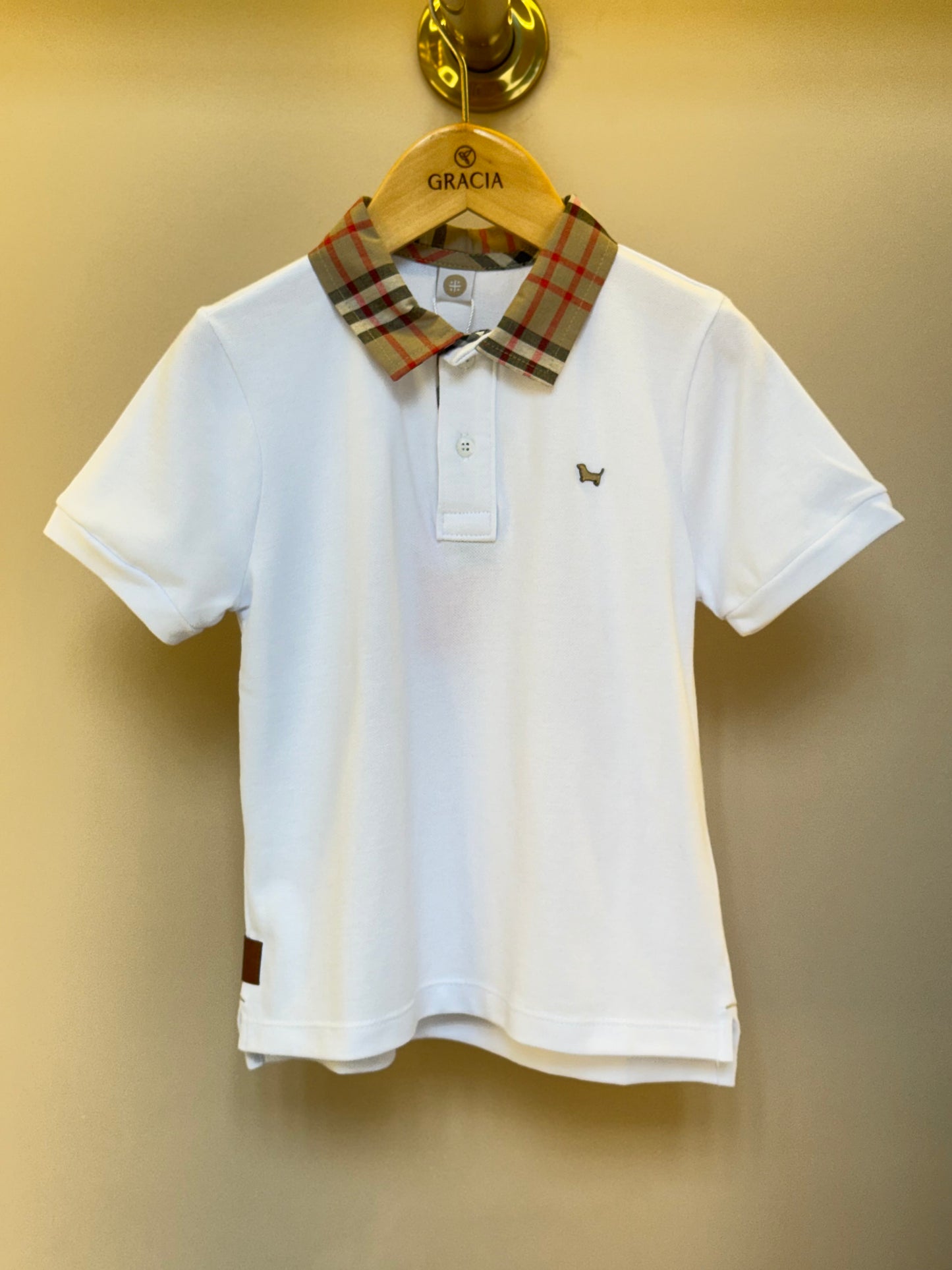 Polo Infantil Piquet Gola Tricoline Xadrez Branca - Um Mais Um