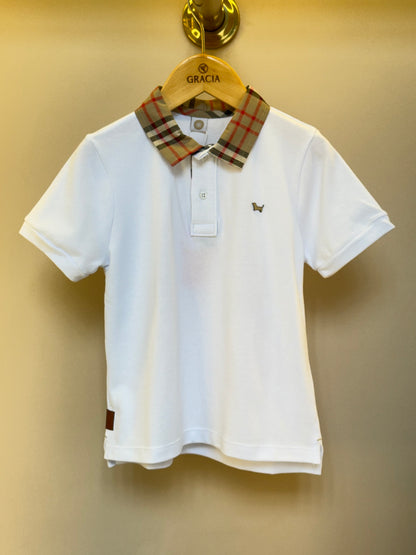 Polo Infantil Piquet Gola Tricoline Xadrez Branca - Um Mais Um
