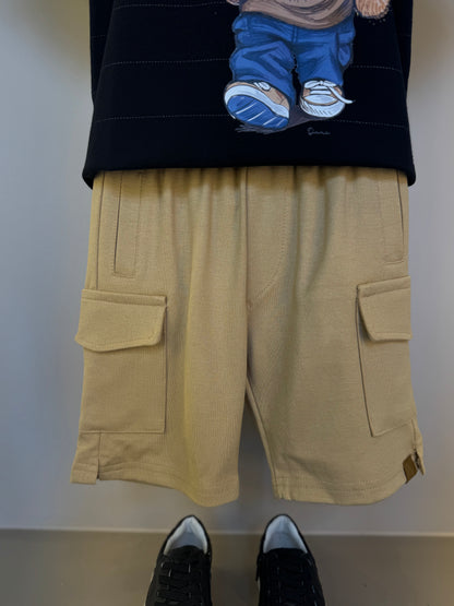 Conjunto Infantil Camiseta Algodão Teddy Pima Listrada e Bermuda Ponto Roma Bolsos Cargo Bege - Dame