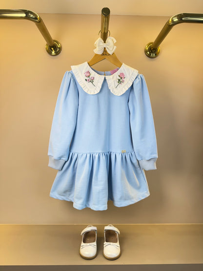 Vestido Infantil ML Babadinho Flores Bordados Azul - Luluzinha