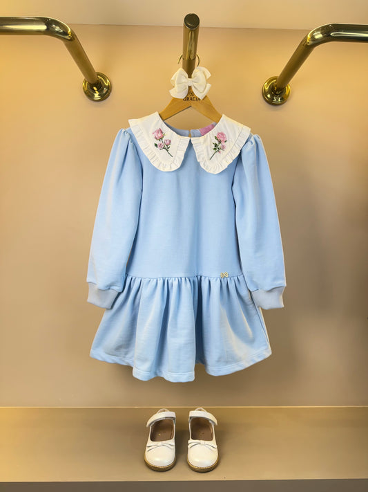 Vestido Infantil ML Babadinho Flores Bordados Azul - Luluzinha