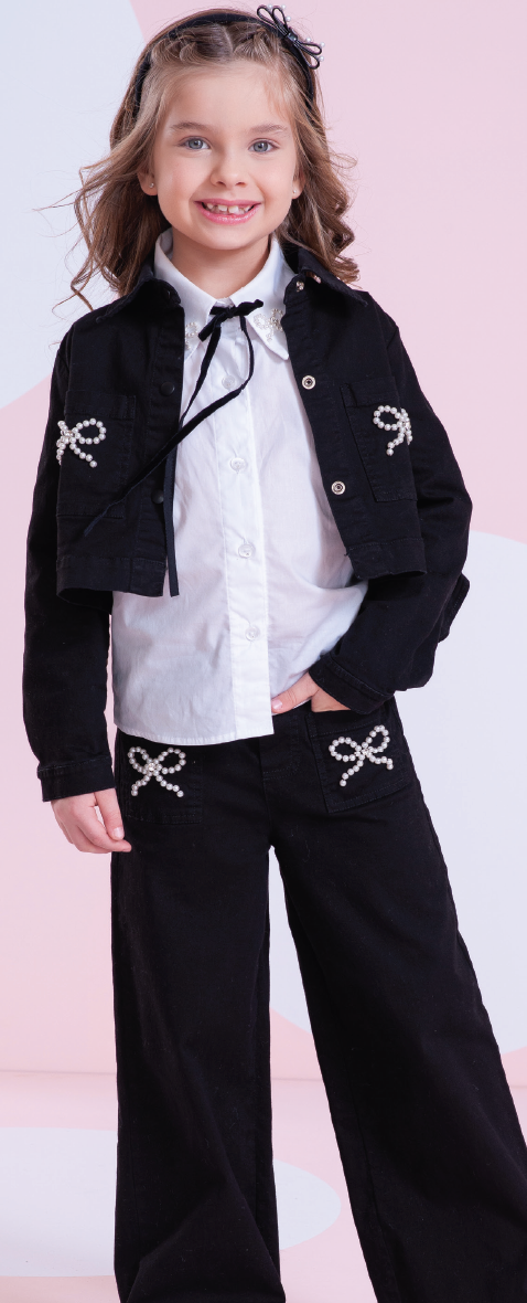 Conjunto Infantil Trio Bordado Camisa Mini Laço Veludo, Jaqueta Babadinho e Calça Reta - Pituchinhus