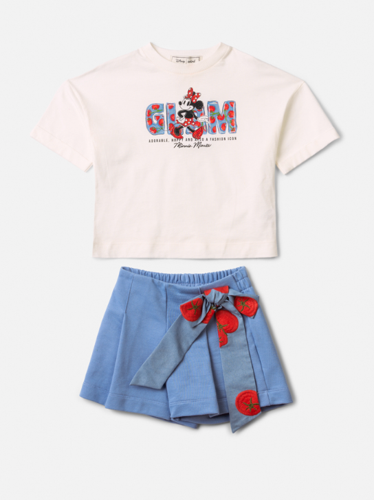 Conjunto Infantil Blusa Infantil Minnie Estampa de Tomate e Saia Shorts Infantil Laço Bordado de Tomate - Animê