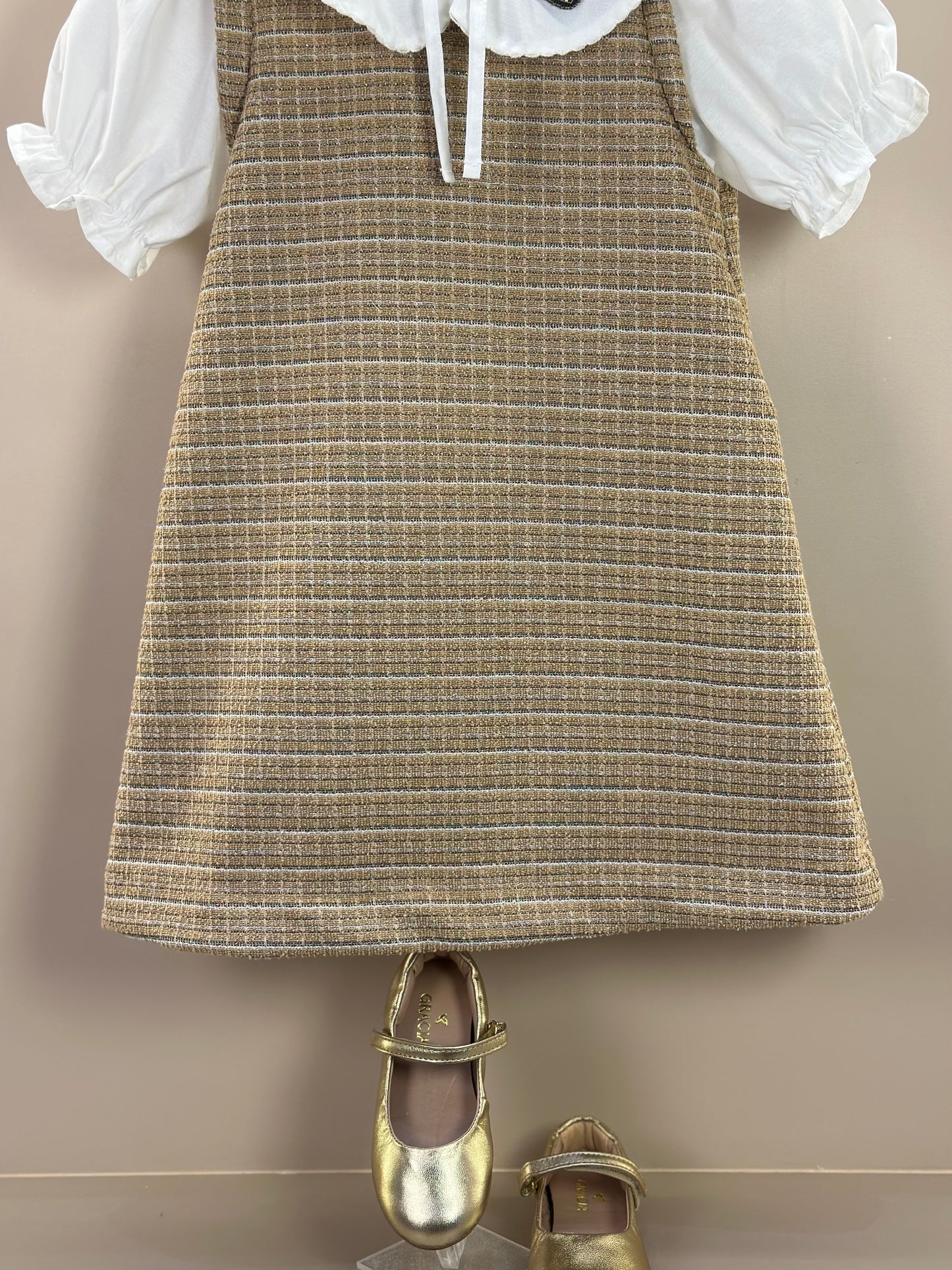 Vestido Infantil Manga Curta Tweed Xadrez Bege - Animê Petite