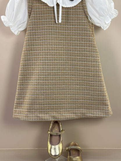 Vestido Infantil Manga Curta Tweed Xadrez Bege - Animê Petite