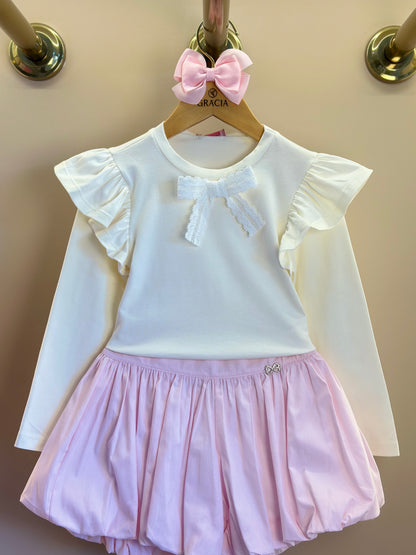 Conjunto Infantil Blusa ML Lacinho Branca e Shorts Balonê Rosa Claro - Luluzinha