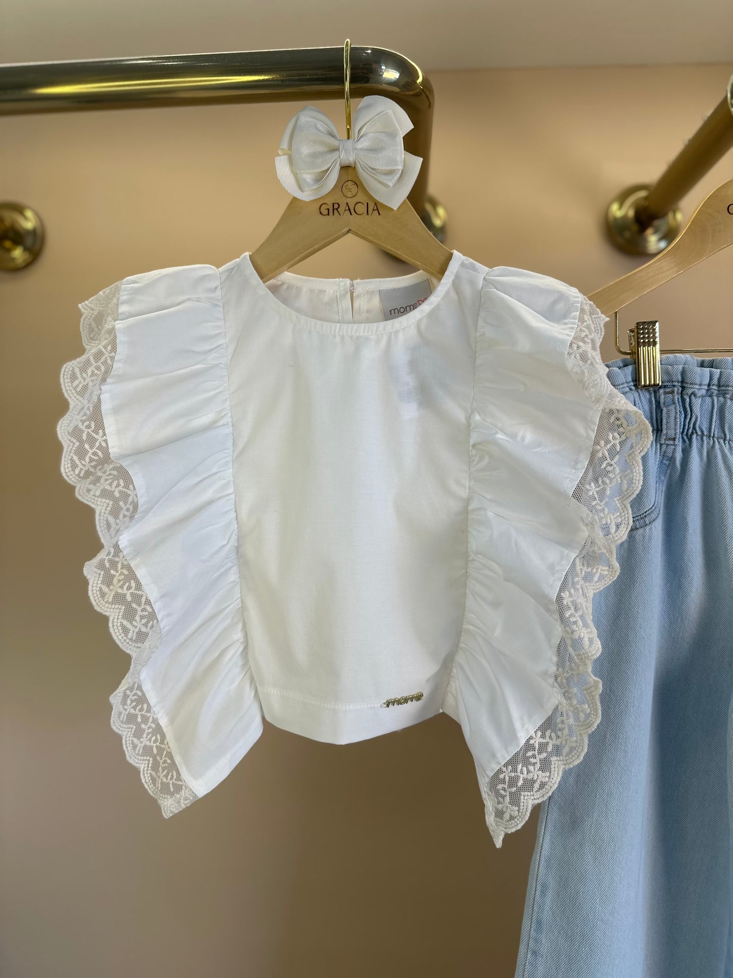 Conjunto Infantil Blusa Bordado Inglês e Calça Jeans Cós Clochard - Momi