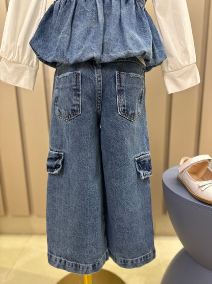 Conjunto Infantil Trio Colete Balonê Mini-Joia, Camisa Gola Babados Rendas e Calça Jeans Bolsos Laterais Mini-Joia - Animê