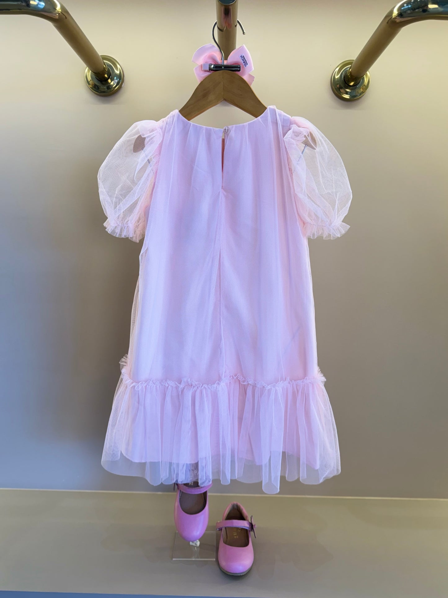 Vestido Infantil Trapézio Busto Bordado Corações Rosa - Mon Sucré