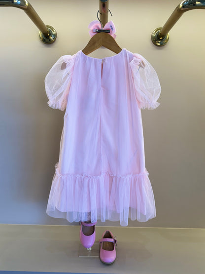 Vestido Infantil Trapézio Busto Bordado Corações Rosa - Mon Sucré