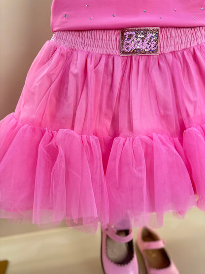 Conjunto Infantil Blusa Light Cristais Barbie e Saia Babados Patche Barbie Rosa Ópera - Pituchinhus