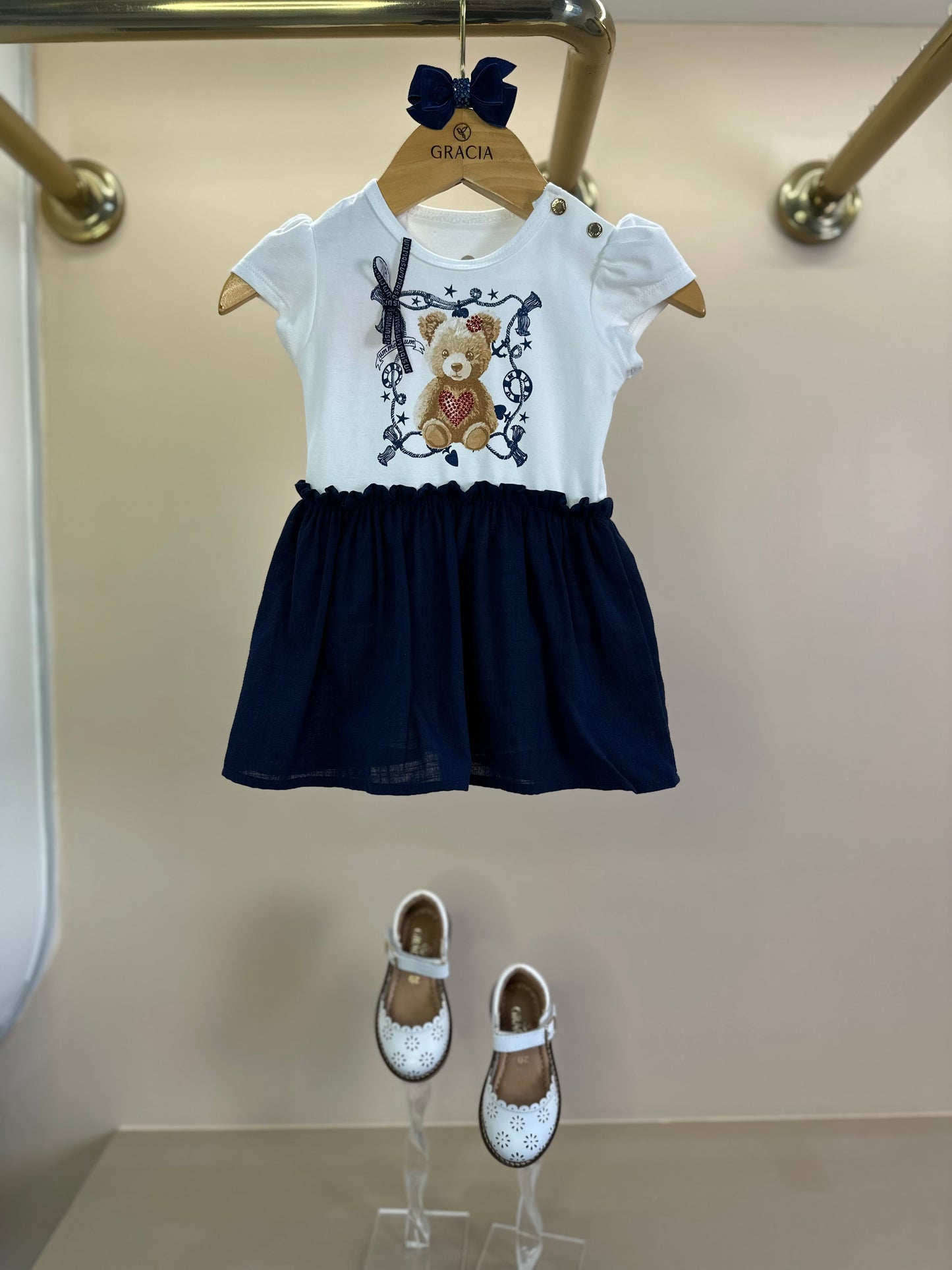 Vestido-body Bebê Algodão Ursinha Saia Linho Marinho - Um Mais Um