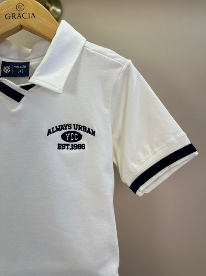 Conjunto Infantil Camisa Polo Branca e Bermuda Azul Marinho - Youccie