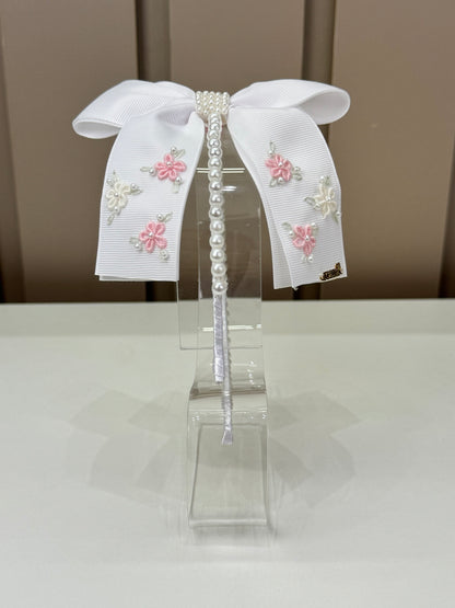 Tiara Infantil Pérolas Laço Branco Bordado - Roana