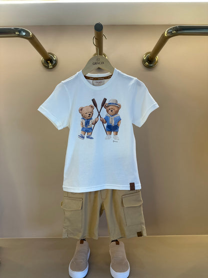 Conjunto Infantil Camiseta Algodão Teddy Remos Off e Bermuda Ponto Roma Bolsos Cargo Bege - Dame
