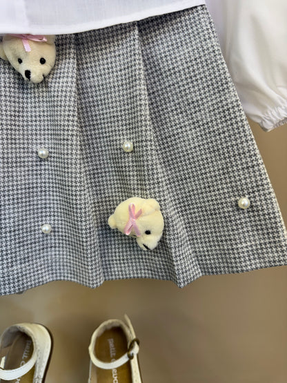 Conjunto Infantil Blusa ML com Tricot Rosa e Saia Pregas Ursinhos - Gabriela Aquarela