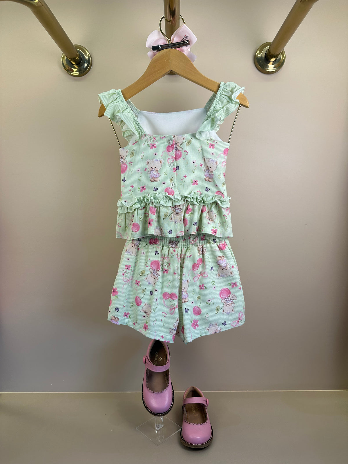 Conjunto Infantil Verde Estampado Blusa Babadinhos e Shorts Saia - Petit Cherie