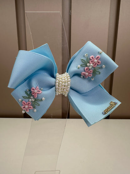 Presilha infantil Laço Azul Bordado Flores - Roana