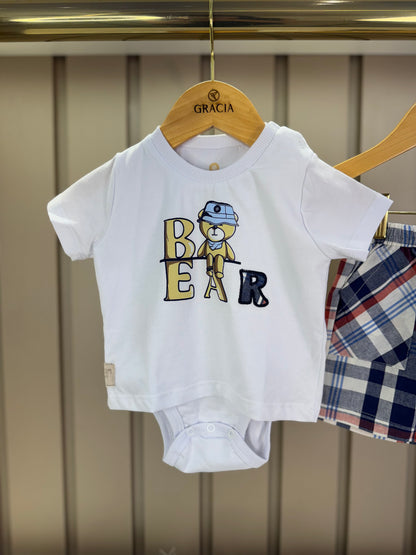 Conjunto Bebê Camiseta-Body Bear e Bermuda Xadrez Azul - Um Mais Um