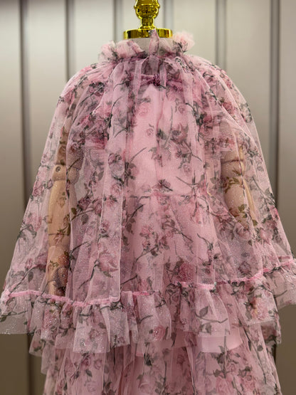 Vestido Infantil Festa Princesa Tule Floral Rodado Rosa - Luluzinha