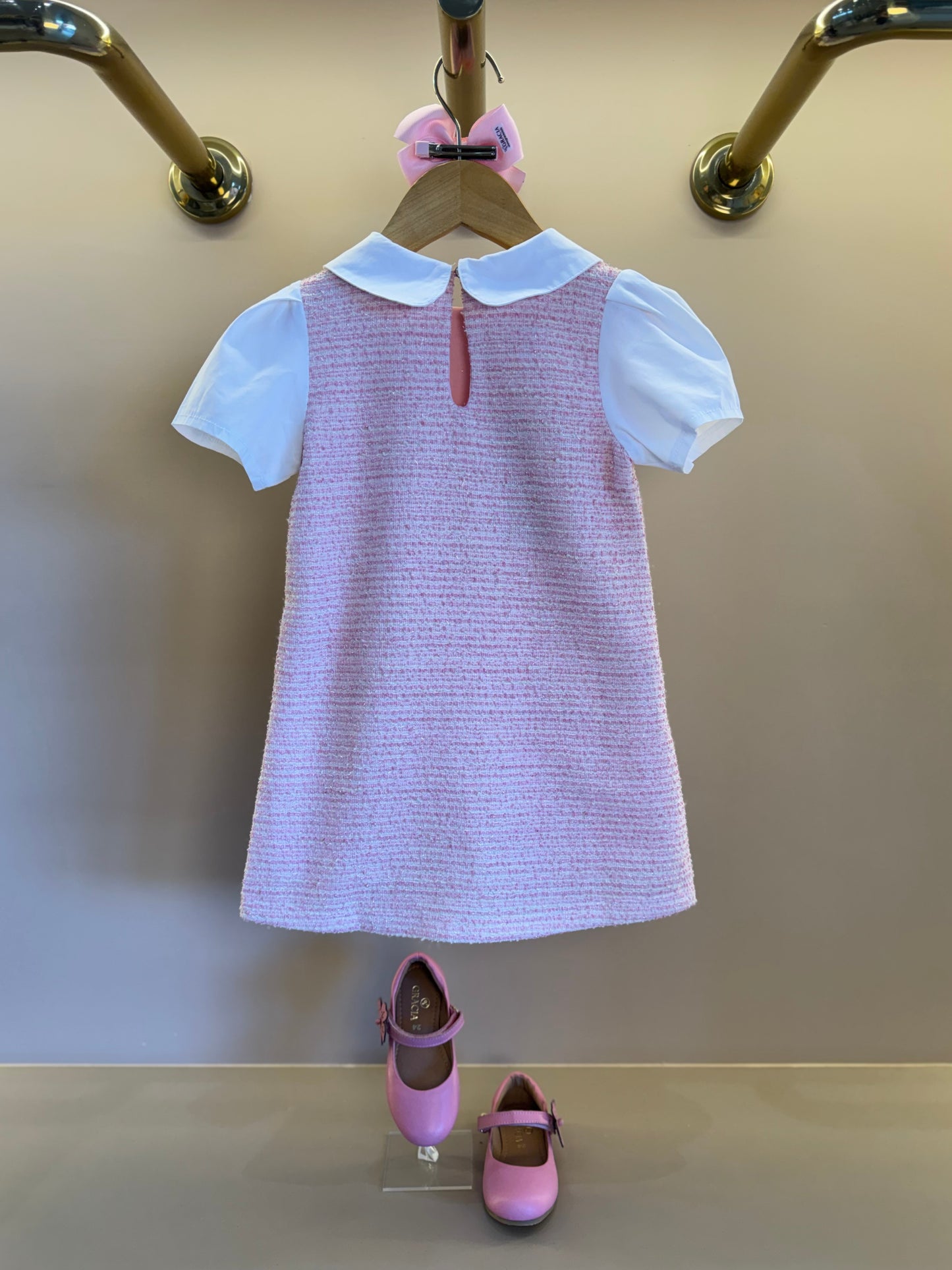 Vestido Infantil Reto Malha Tweed Algodão Gola Alfaiataria Rosa Claro - Beabá