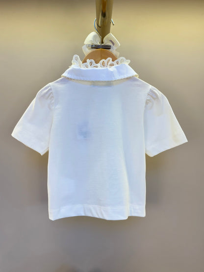 Salopete Infantil Sarja Bege com Camisa Gola Rendada Off White - Animê Petite