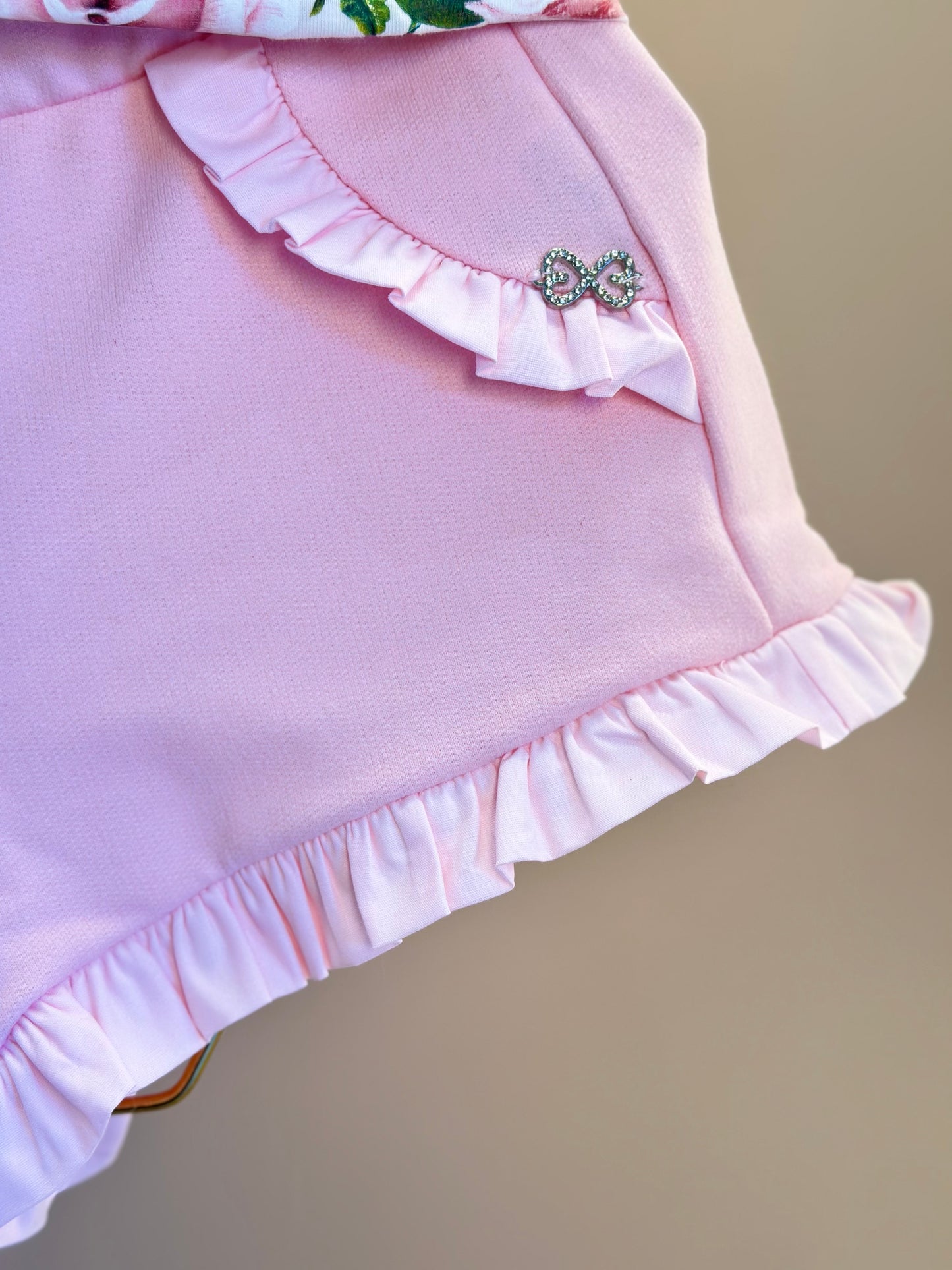 Conjunto Infantil Blusa Algodão Cotton Floral  Strass e Shorts Moletocotton Babadinho Rosa - Luluzinha