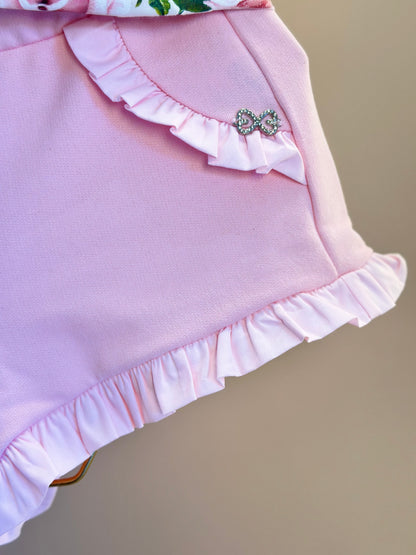 Conjunto Infantil Blusa Algodão Cotton Floral  Strass e Shorts Moletocotton Babadinho Rosa - Luluzinha