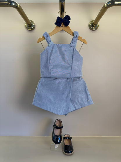 Conjunto Infantil Azul Marinho Listrado Blusa Com Laços Nos Ombros e Shorts Saia - Petit Cherie