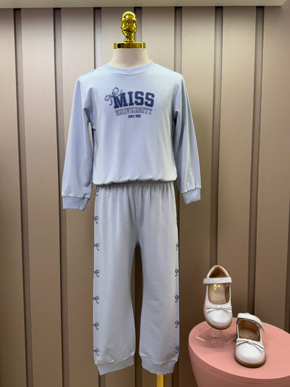 Conjunto Infantil Moletom S Felpa Blusa ML e Calça Miss University Azul Claro - Beabá