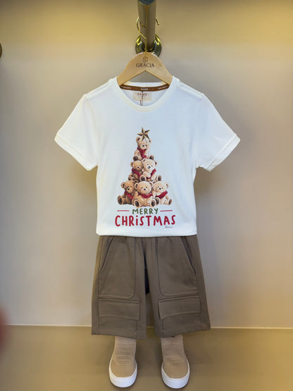 Conjunto Infantil Camiseta Algodão Teddy Natal MC e Bermuda Suedine Elastano Bolsos - Dame